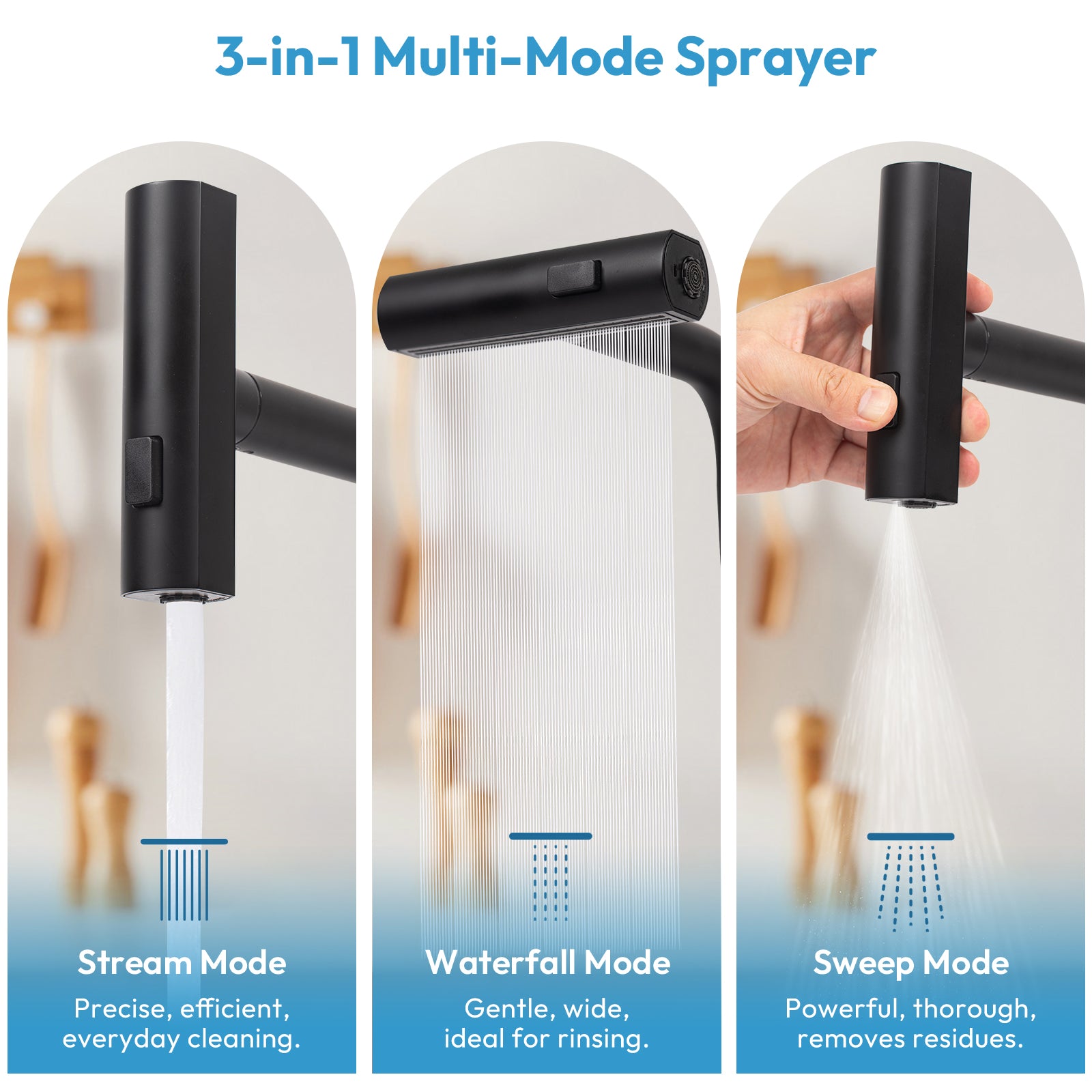 Besdor Waterfall Kitchen Faucet with Pull Down Sprayer Matte Black